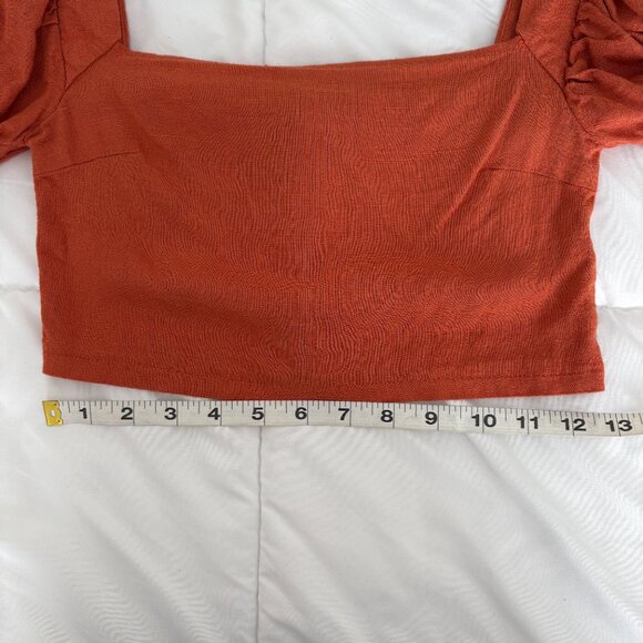 Pretty Little Thing Women's Orange Linen Crop top puffy sleeves size 2 - Picture 6 of 7